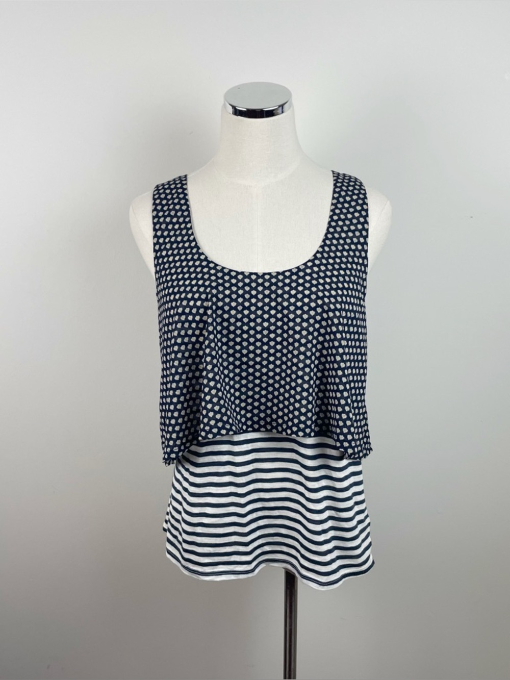Meadow Rue Anthropologie Navy Blue White Yellow Floral Stripe Top Women Small